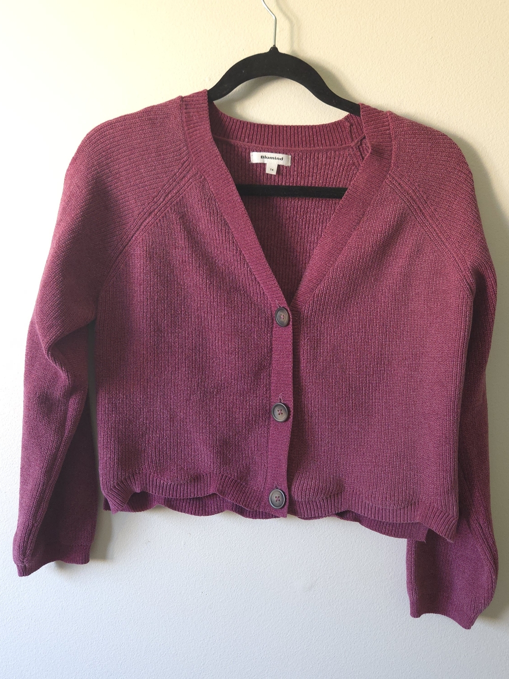 Blumind Chenille Ribbed Scalloped Hem Button Front Cardigan Sweater Berry Pink
